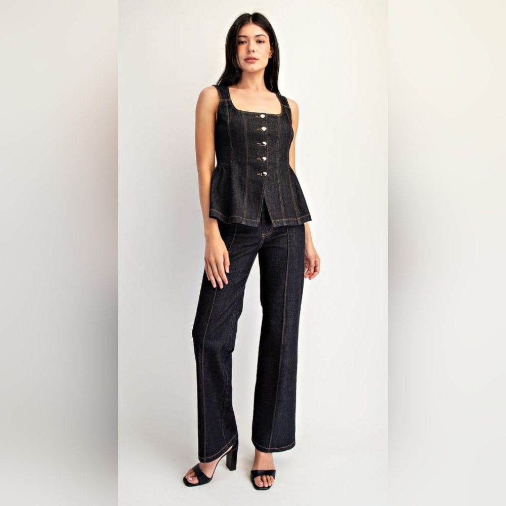 Edit by Nine Dark Denim Corset Peplum Top & Straight Leg Pants, Size S